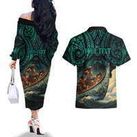 Personalised New Zealand Tamaki Herenga Waka Festival Couples Matching Off The Shoulder Long Sleeve Dress and Hawaiian Shirt Maori Pattern LT05 - Polynesian Pride