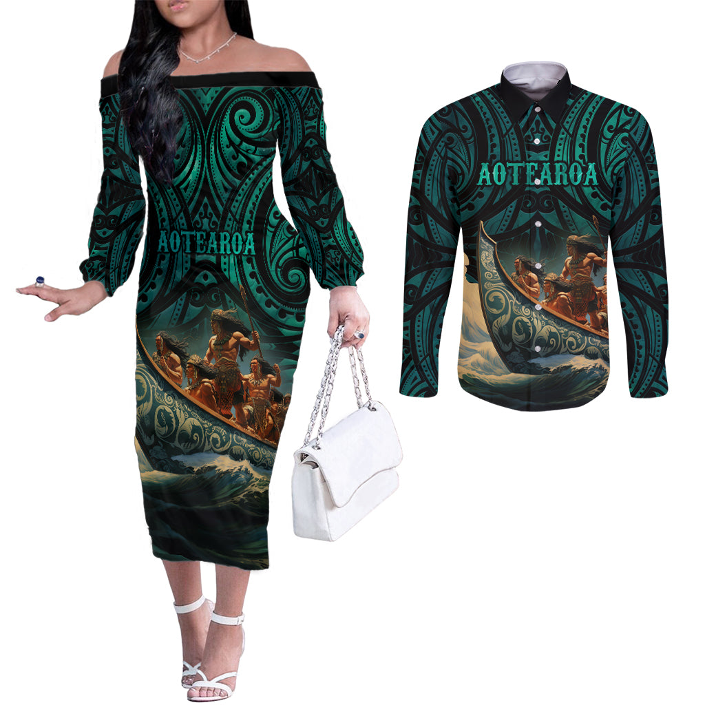 Personalised New Zealand Tamaki Herenga Waka Festival Couples Matching Off The Shoulder Long Sleeve Dress and Long Sleeve Button Shirt Maori Pattern LT05 Dark Turquoise - Polynesian Pride