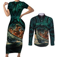 Personalised New Zealand Tamaki Herenga Waka Festival Couples Matching Short Sleeve Bodycon Dress and Long Sleeve Button Shirt Maori Pattern LT05 Dark Turquoise - Polynesian Pride