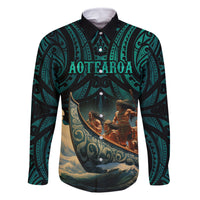 Personalised New Zealand Tamaki Herenga Waka Festival Family Matching Off Shoulder Short Dress and Hawaiian Shirt Maori Pattern LT05 Dad's Shirt - Long Sleeve Dark Turquoise - Polynesian Pride