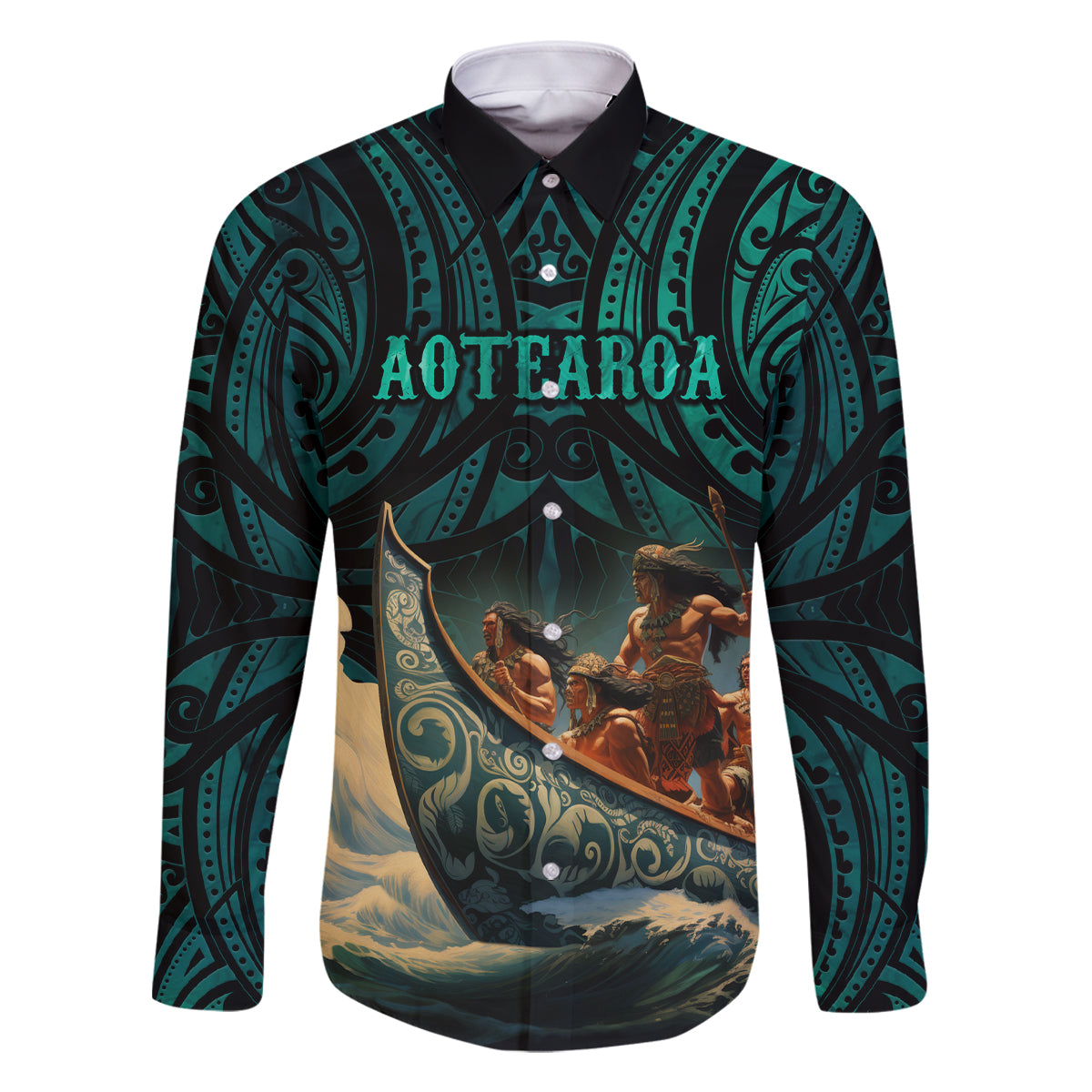 Personalised New Zealand Tamaki Herenga Waka Festival Family Matching Tank Maxi Dress and Hawaiian Shirt Maori Pattern LT05 Dad's Shirt - Long Sleeve Dark Turquoise - Polynesian Pride