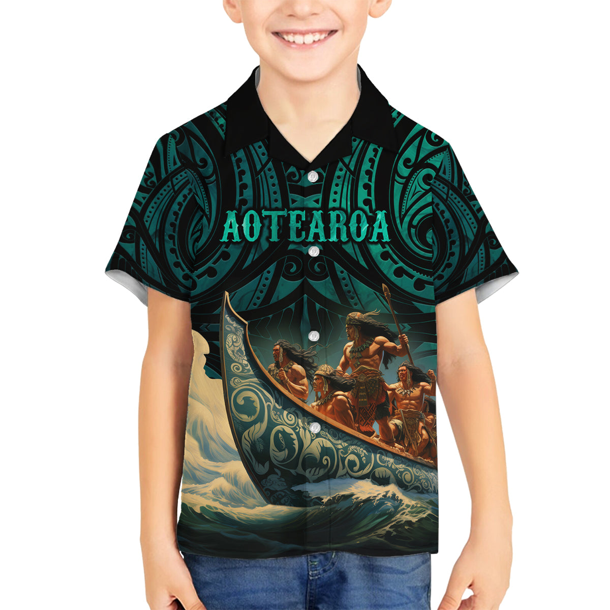 Personalised New Zealand Tamaki Herenga Waka Festival Family Matching Tank Maxi Dress and Hawaiian Shirt Maori Pattern LT05 Son's Shirt Dark Turquoise - Polynesian Pride