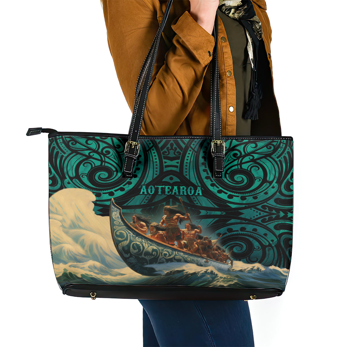 New Zealand Tamaki Herenga Waka Festival Leather Tote Bag Maori Pattern LT05 - Polynesian Pride