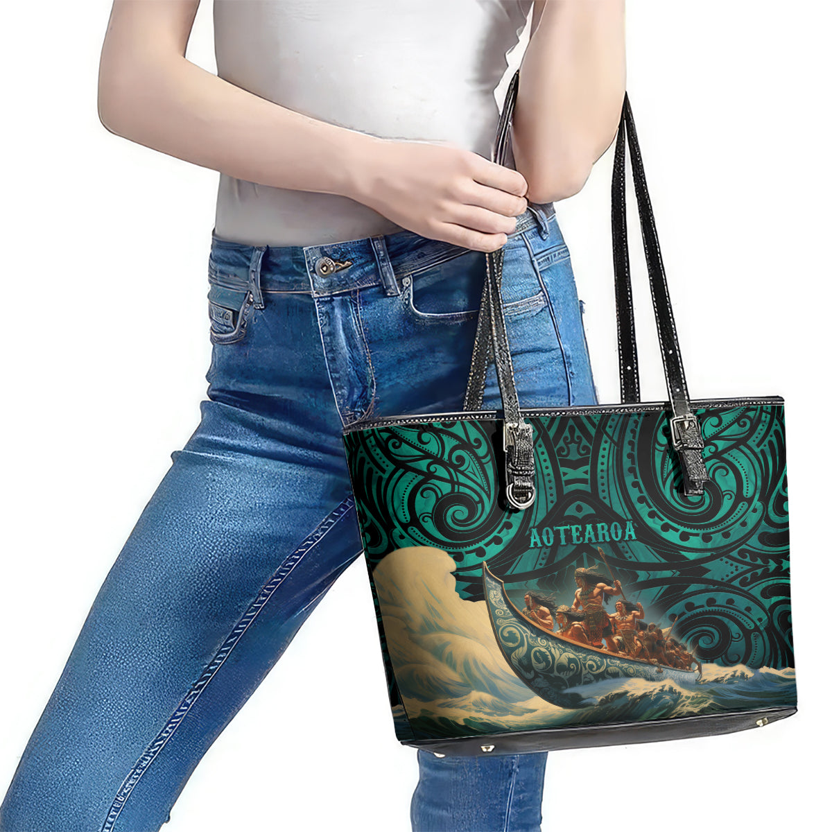 New Zealand Tamaki Herenga Waka Festival Leather Tote Bag Maori Pattern LT05 - Polynesian Pride