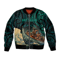 Personalised New Zealand Tamaki Herenga Waka Festival Sleeve Zip Bomber Jacket Maori Pattern LT05 Unisex Dark Turquoise - Polynesian Pride