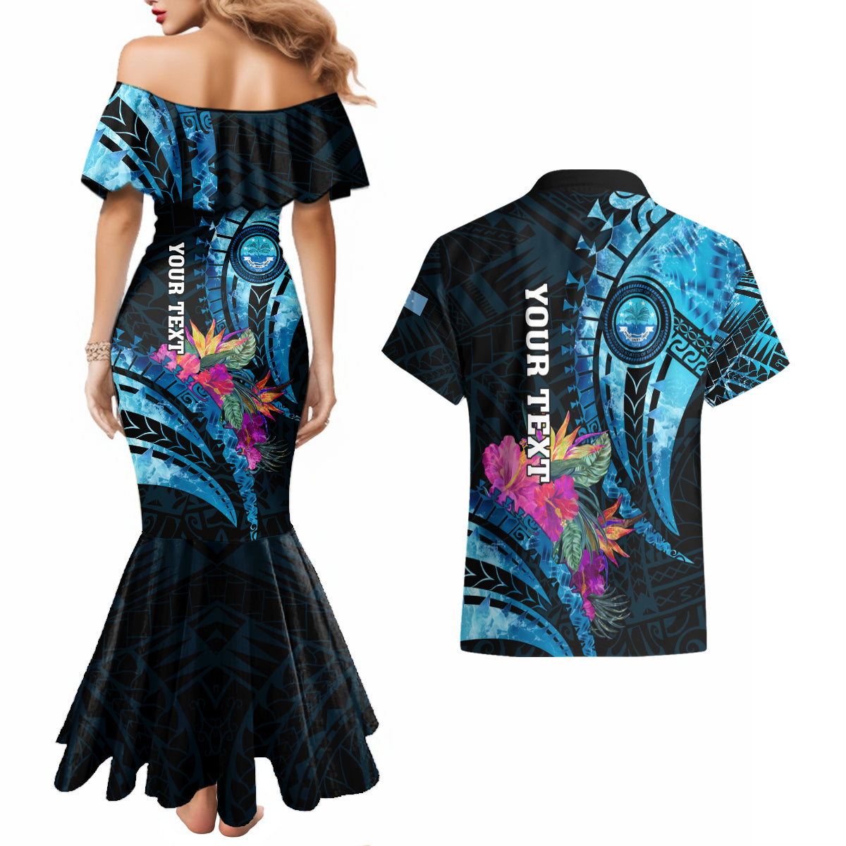Personalised FSM Culture Day Couples Matching Mermaid Dress and Hawaiian Shirt Tropical Flowers Tribal Pattern LT05 - Polynesian Pride