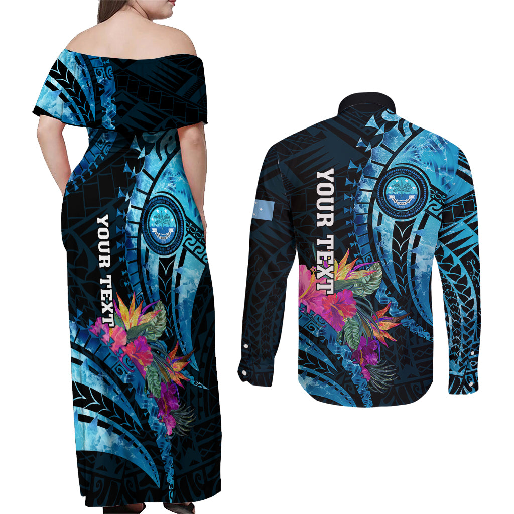 Personalised FSM Culture Day Couples Matching Off Shoulder Maxi Dress and Long Sleeve Button Shirt Tropical Flowers Tribal Pattern LT05 - Polynesian Pride