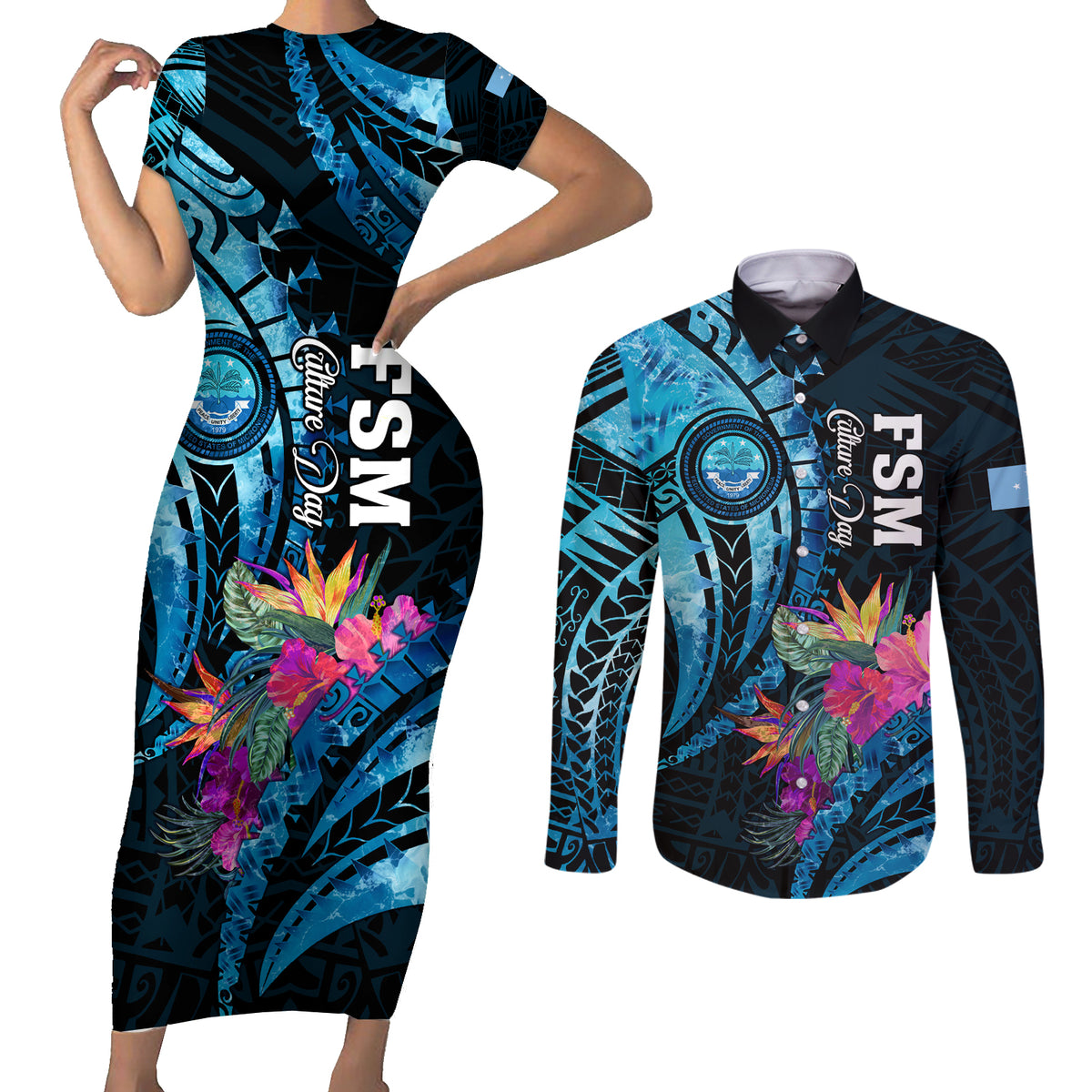Personalised FSM Culture Day Couples Matching Short Sleeve Bodycon Dress and Long Sleeve Button Shirt Tropical Flowers Tribal Pattern LT05 Blue - Polynesian Pride