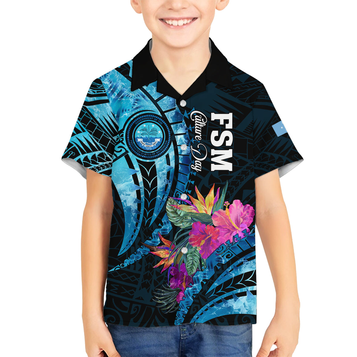 Personalised FSM Culture Day Family Matching Tank Maxi Dress and Hawaiian Shirt Tropical Flowers Tribal Pattern LT05 Son's Shirt Blue - Polynesian Pride