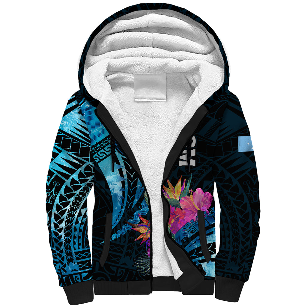 Personalised FSM Culture Day Sherpa Hoodie Tropical Flowers Tribal Pattern LT05 Unisex Blue - Polynesian Pride