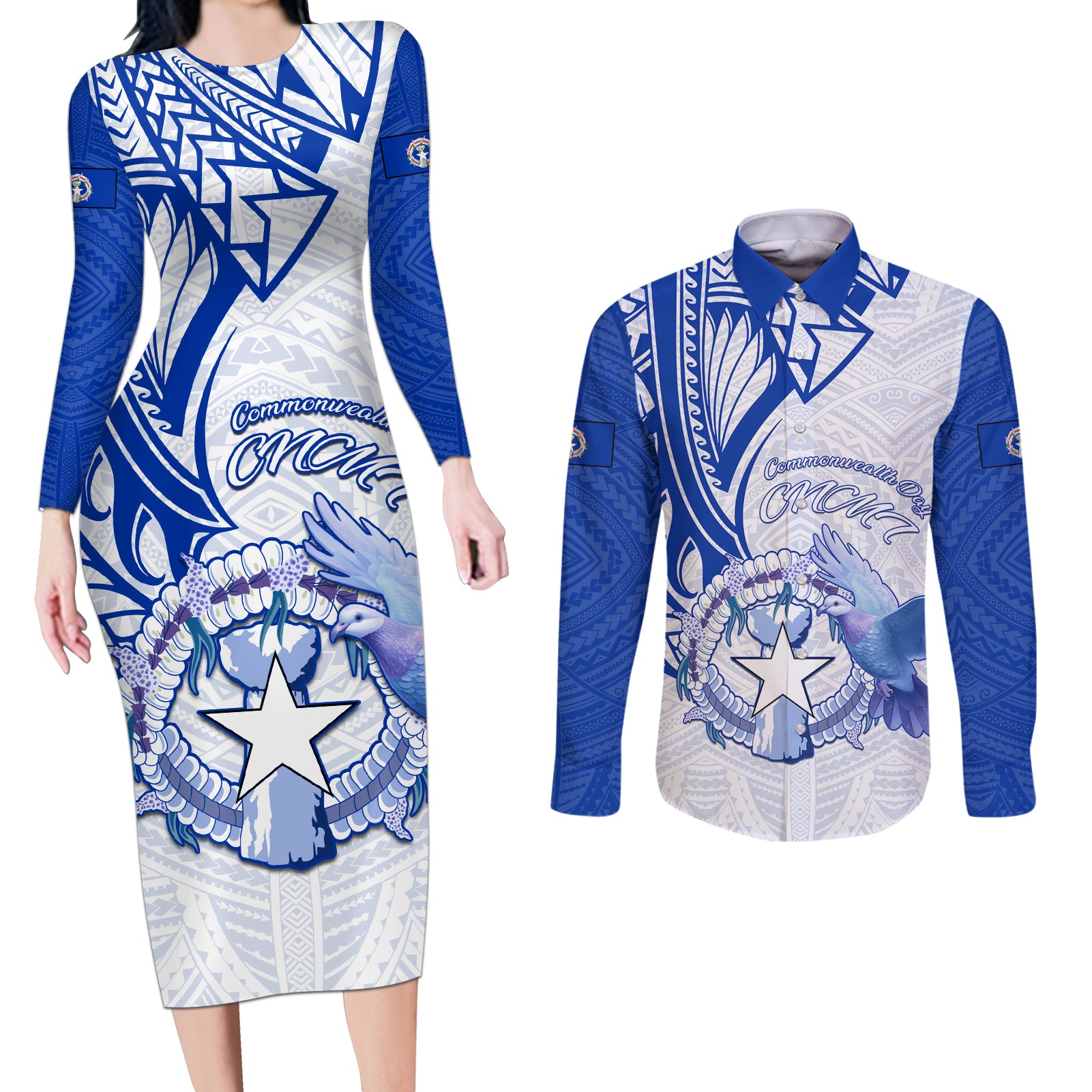 Personalised Northern Mariana Islands Commonwealth Day Couples Matching Long Sleeve Bodycon Dress and Long Sleeve Button Shirt Simple Style LT05 Blue - Polynesian Pride