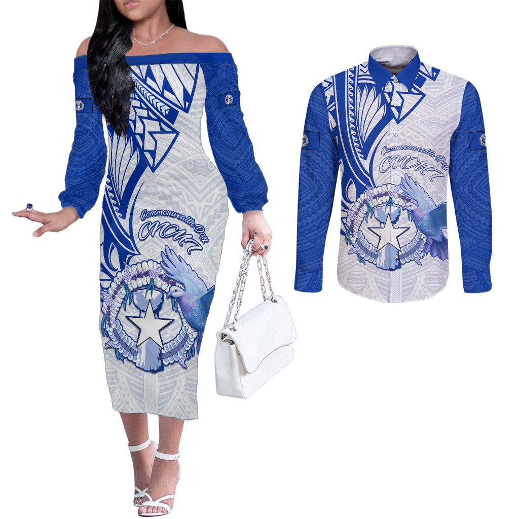 Personalised Northern Mariana Islands Commonwealth Day Couples Matching Off The Shoulder Long Sleeve Dress and Long Sleeve Button Shirt Simple Style LT05 Blue - Polynesian Pride