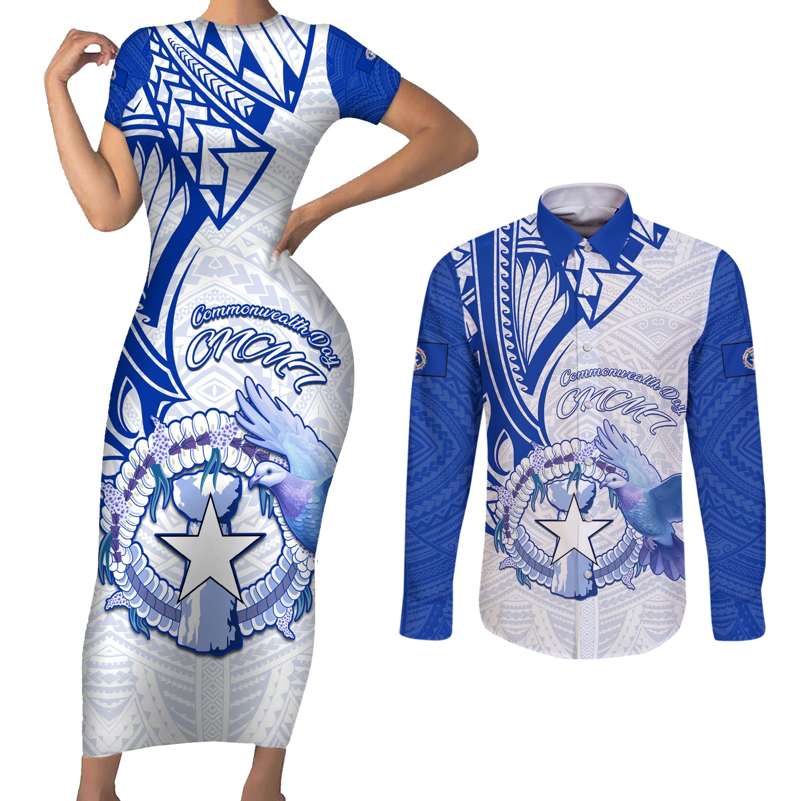 Personalised Northern Mariana Islands Commonwealth Day Couples Matching Short Sleeve Bodycon Dress and Long Sleeve Button Shirt Simple Style LT05 Blue - Polynesian Pride