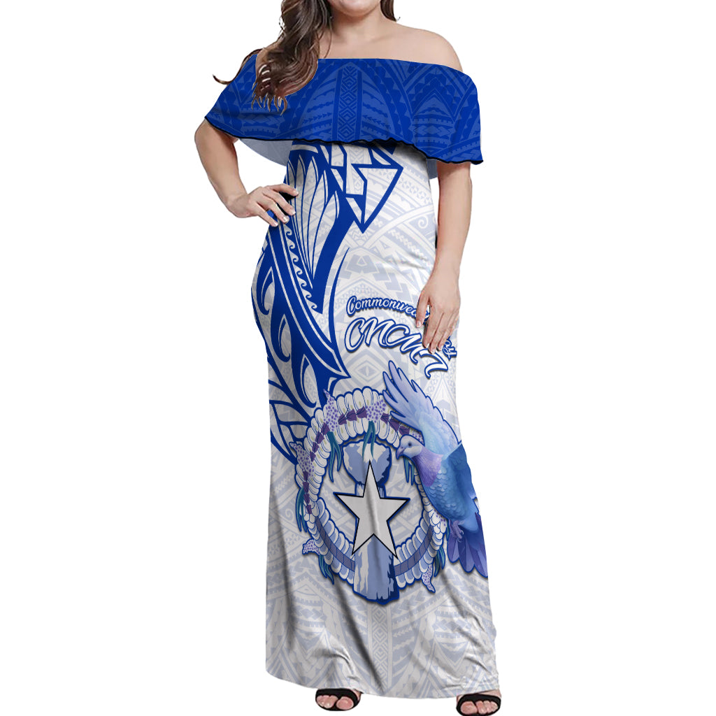 Personalised Northern Mariana Islands Commonwealth Day Off Shoulder Maxi Dress Simple Style LT05 Women Blue - Polynesian Pride