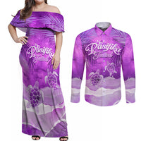Personalised Pasifika Festival Couples Matching Off Shoulder Maxi Dress and Long Sleeve Button Shirt Violet Tropical Turtle LT05 Violet - Polynesian Pride