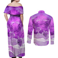 Personalised Pasifika Festival Couples Matching Off Shoulder Maxi Dress and Long Sleeve Button Shirt Violet Tropical Turtle LT05 - Polynesian Pride