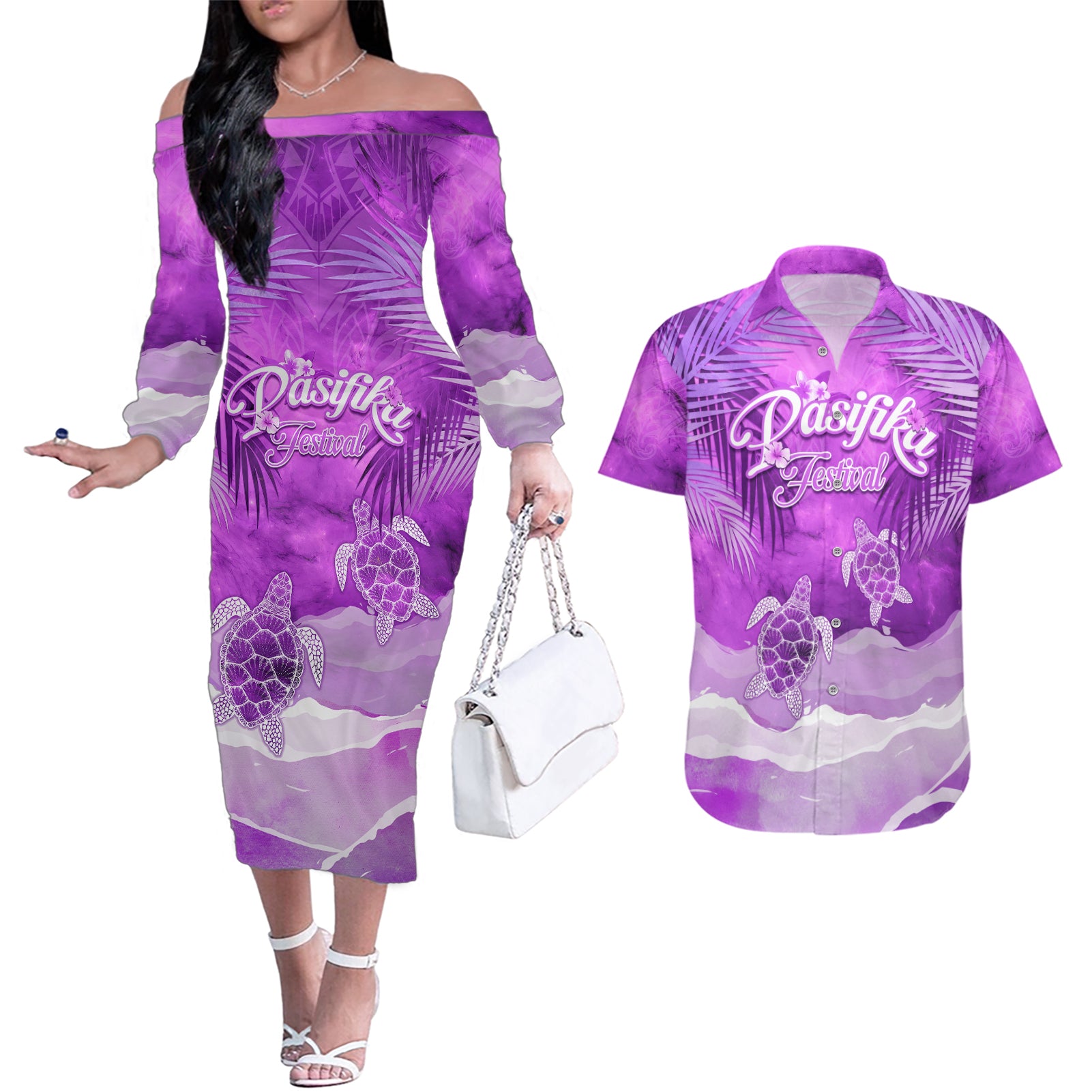 Personalised Pasifika Festival Couples Matching Off The Shoulder Long Sleeve Dress and Hawaiian Shirt Violet Tropical Turtle LT05 Violet - Polynesian Pride