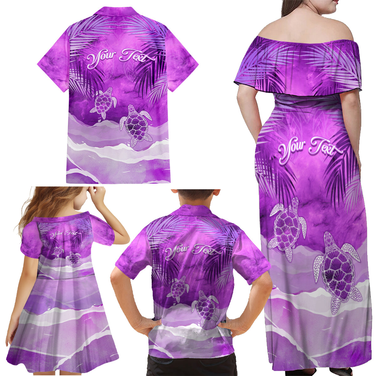 Personalised Pasifika Festival Family Matching Off Shoulder Maxi Dress and Hawaiian Shirt Violet Tropical Turtle LT05 - Polynesian Pride