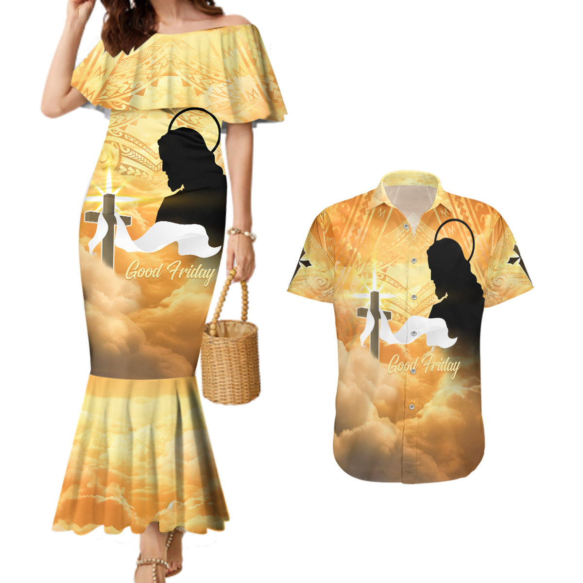 Happy Good Friday Couples Matching Mermaid Dress and Hawaiian Shirt God Will Bless You LT05 Gold - Polynesian Pride