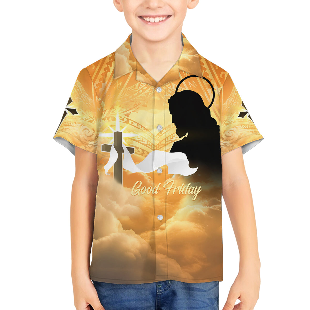 Happy Good Friday Family Matching Puletasi and Hawaiian Shirt God Will Bless You LT05 Son's Shirt Gold - Polynesian Pride