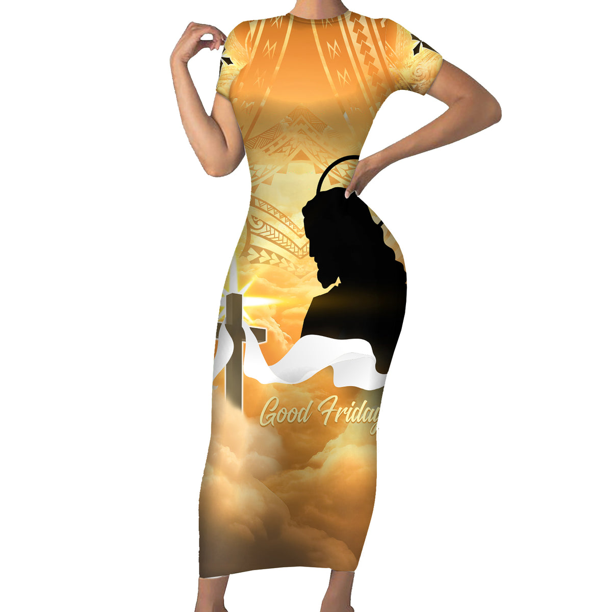 Happy Good Friday Family Matching Short Sleeve Bodycon Dress and Hawaiian Shirt God Will Bless You LT05 Mom's Dress Gold - Polynesian Pride