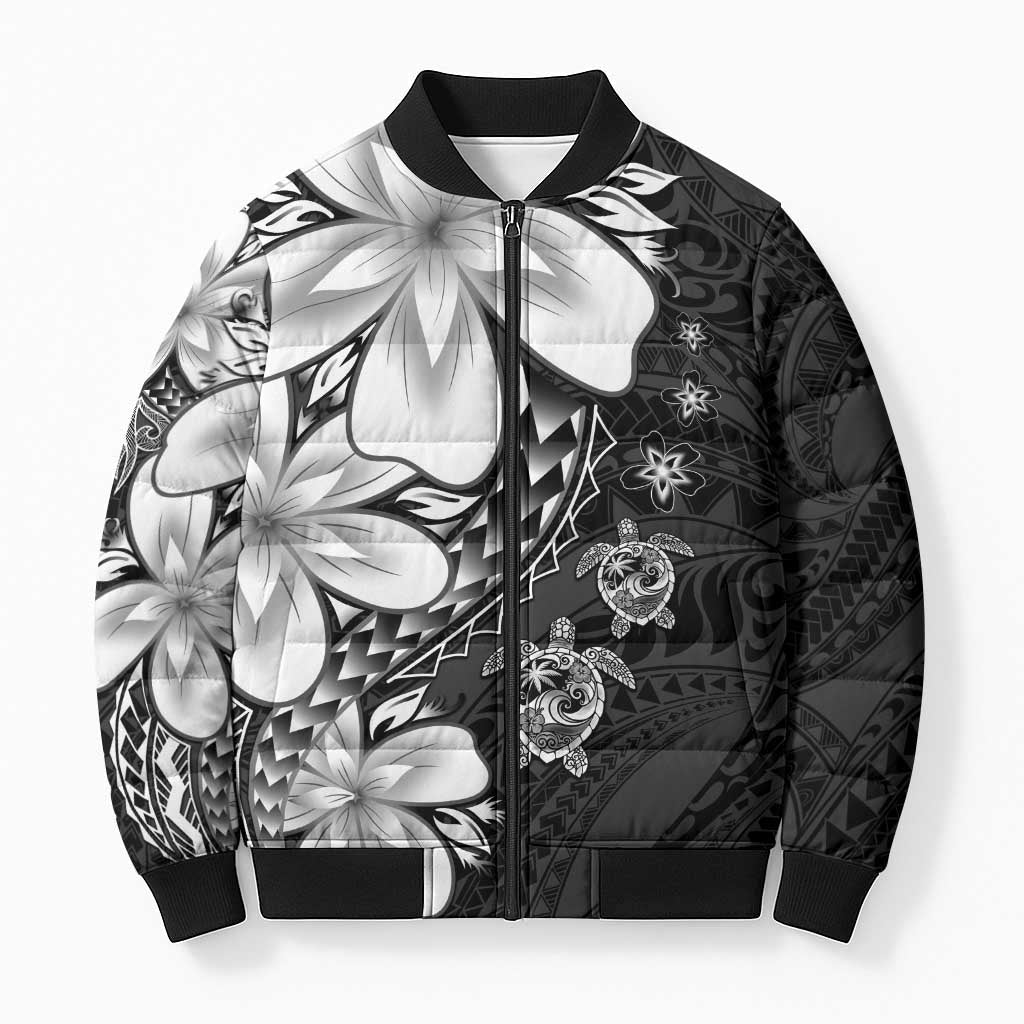 Polynesia Romantic Valentine Bomber Puffer Jacket Sea Turtle Couple With Black Plumeria