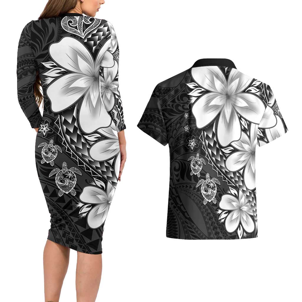 Polynesia Romantic Valentine Couples Matching Long Sleeve Bodycon Dress and Hawaiian Shirt Sea Turtle Couple With Black Plumeria