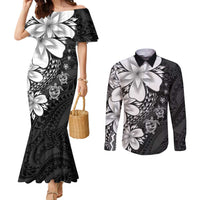 Polynesia Romantic Valentine Couples Matching Mermaid Dress and Long Sleeve Button Shirt Sea Turtle Couple With Black Plumeria LT05 Black - Polynesian Pride
