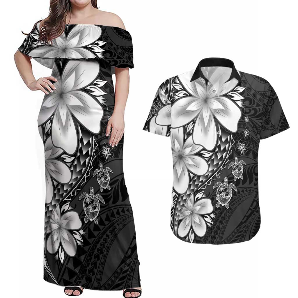 Polynesia Romantic Valentine Couples Matching Off Shoulder Maxi Dress and Hawaiian Shirt Sea Turtle Couple With Black Plumeria LT05 Black - Polynesian Pride