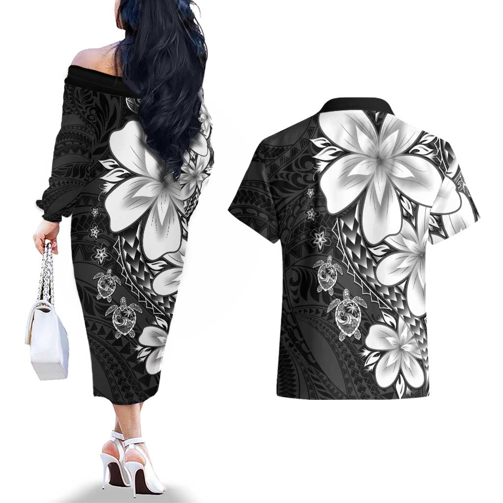 Polynesia Romantic Valentine Couples Matching Off The Shoulder Long Sleeve Dress and Hawaiian Shirt Sea Turtle Couple With Black Plumeria