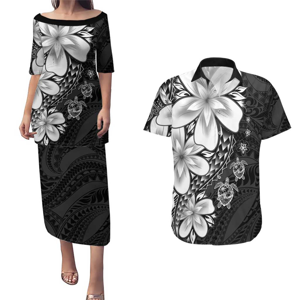 Polynesia Romantic Valentine Couples Matching Puletasi and Hawaiian Shirt Sea Turtle Couple With Black Plumeria