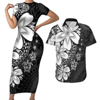 Polynesia Romantic Valentine Couples Matching Short Sleeve Bodycon Dress and Hawaiian Shirt Sea Turtle Couple With Black Plumeria