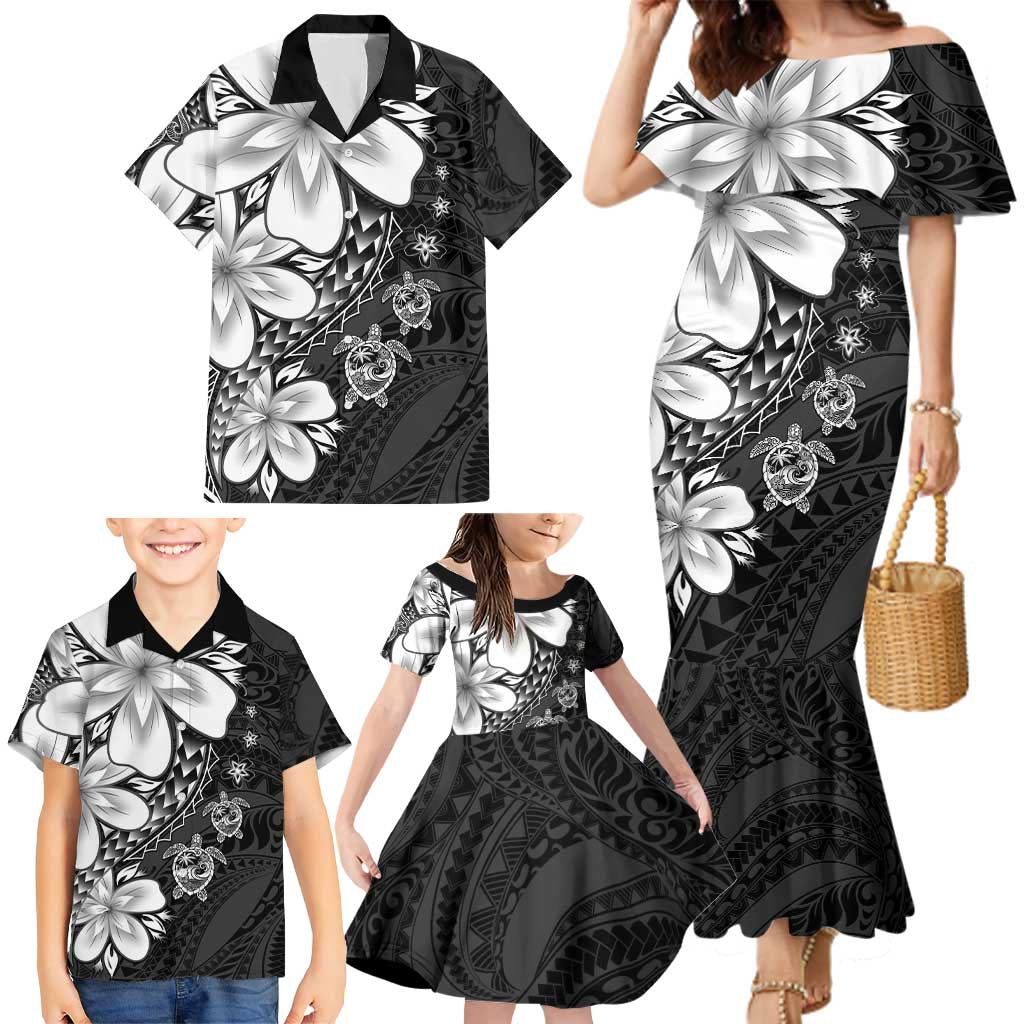 Polynesia Romantic Valentine Family Matching Mermaid Dress and Hawaiian Shirt Sea Turtle Couple With Black Plumeria