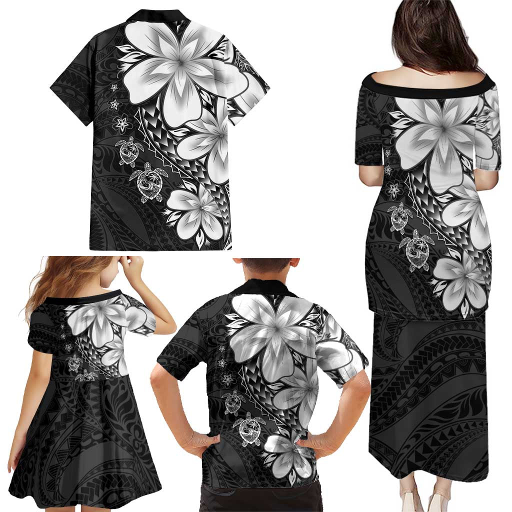 Polynesia Romantic Valentine Family Matching Puletasi and Hawaiian Shirt Sea Turtle Couple With Black Plumeria