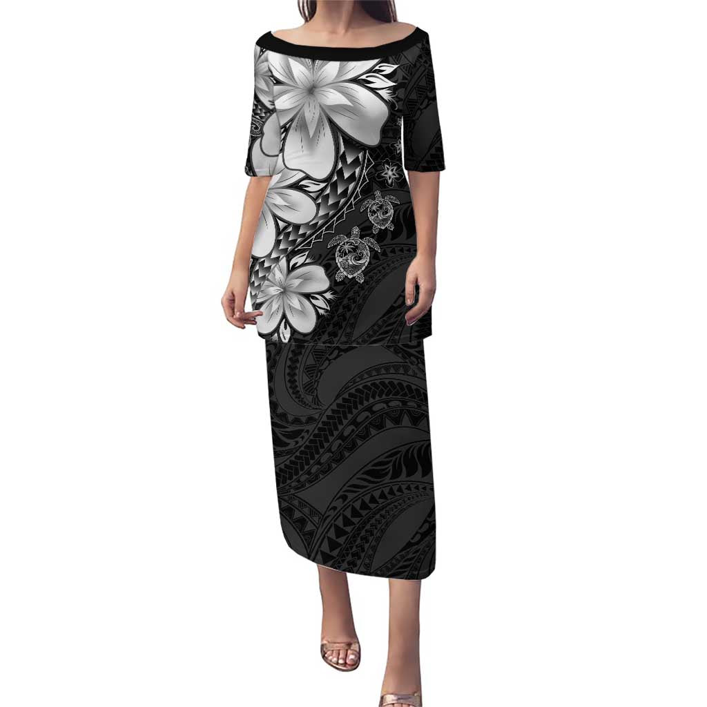 Polynesia Romantic Valentine Family Matching Puletasi and Hawaiian Shirt Sea Turtle Couple With Black Plumeria