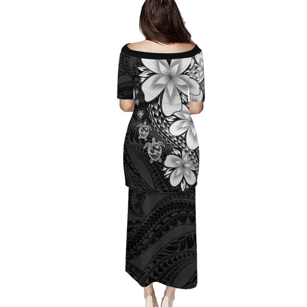 Polynesia Romantic Valentine Family Matching Puletasi and Hawaiian Shirt Sea Turtle Couple With Black Plumeria