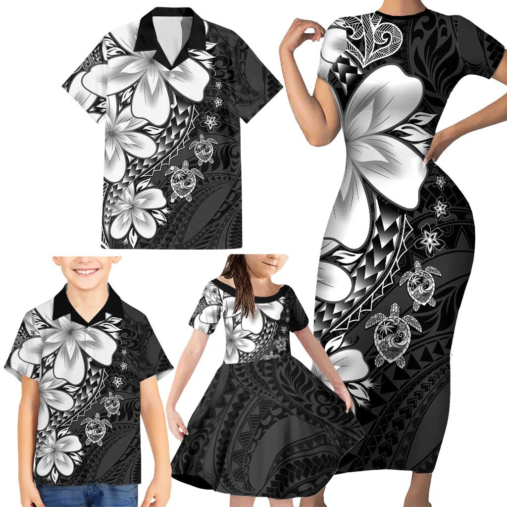 Polynesia Romantic Valentine Family Matching Short Sleeve Bodycon Dress and Hawaiian Shirt Sea Turtle Couple With Black Plumeria