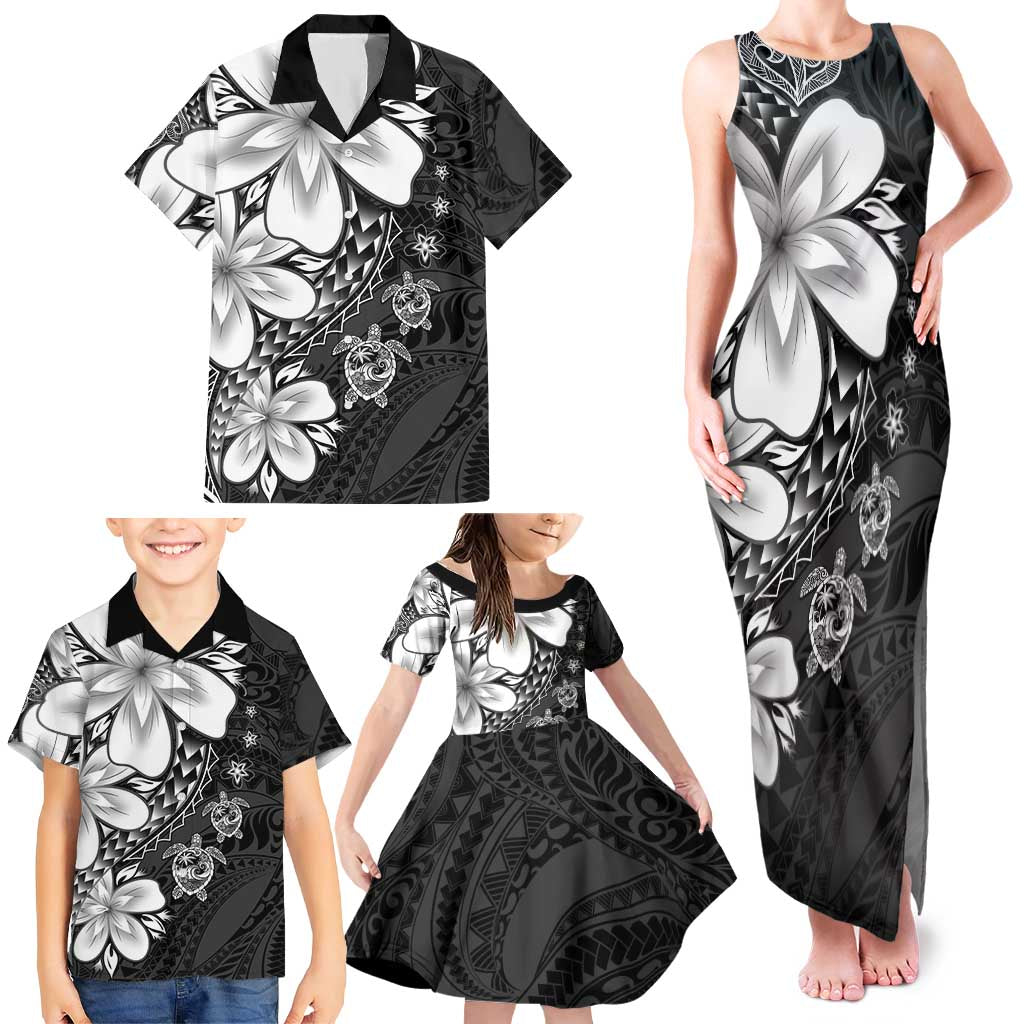 Polynesia Romantic Valentine Family Matching Tank Maxi Dress and Hawaiian Shirt Sea Turtle Couple With Black Plumeria