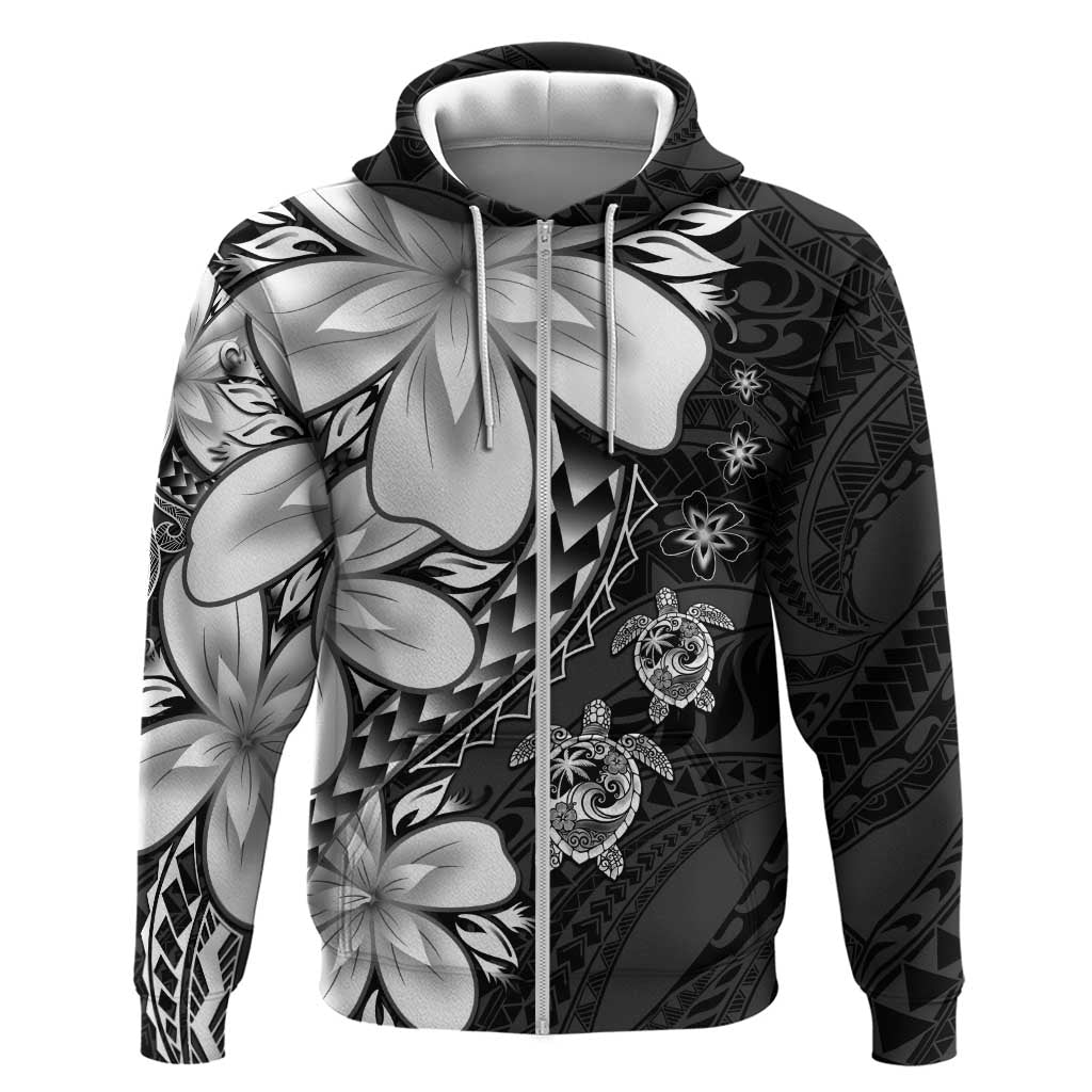 Polynesia Romantic Valentine Hoodie Sea Turtle Couple With Black Plumeria LT05 Zip Hoodie Black - Polynesian Pride