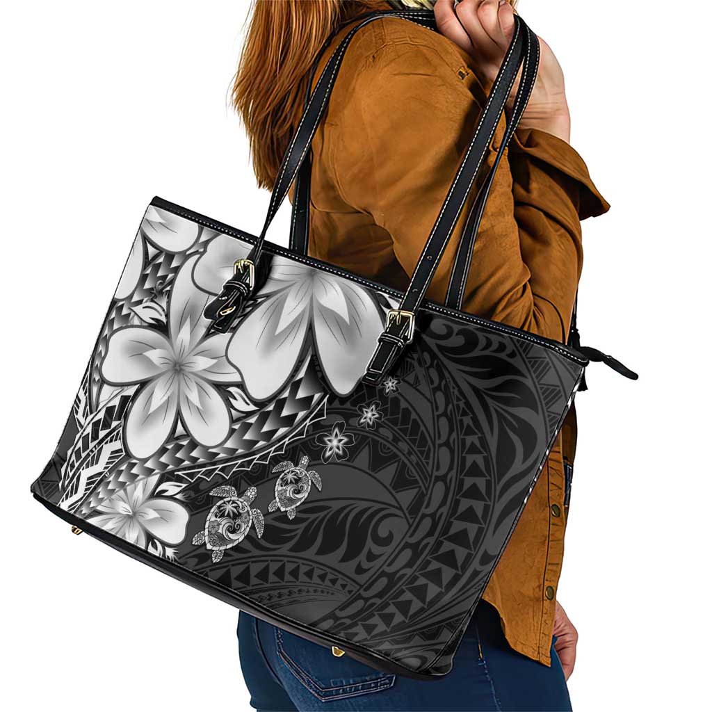 Polynesia Romantic Valentine Leather Tote Bag Sea Turtle Couple With Black Plumeria LT05 - Polynesian Pride