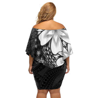 Polynesia Romantic Valentine Off Shoulder Short Dress Sea Turtle Couple With Black Plumeria LT05 - Polynesian Pride