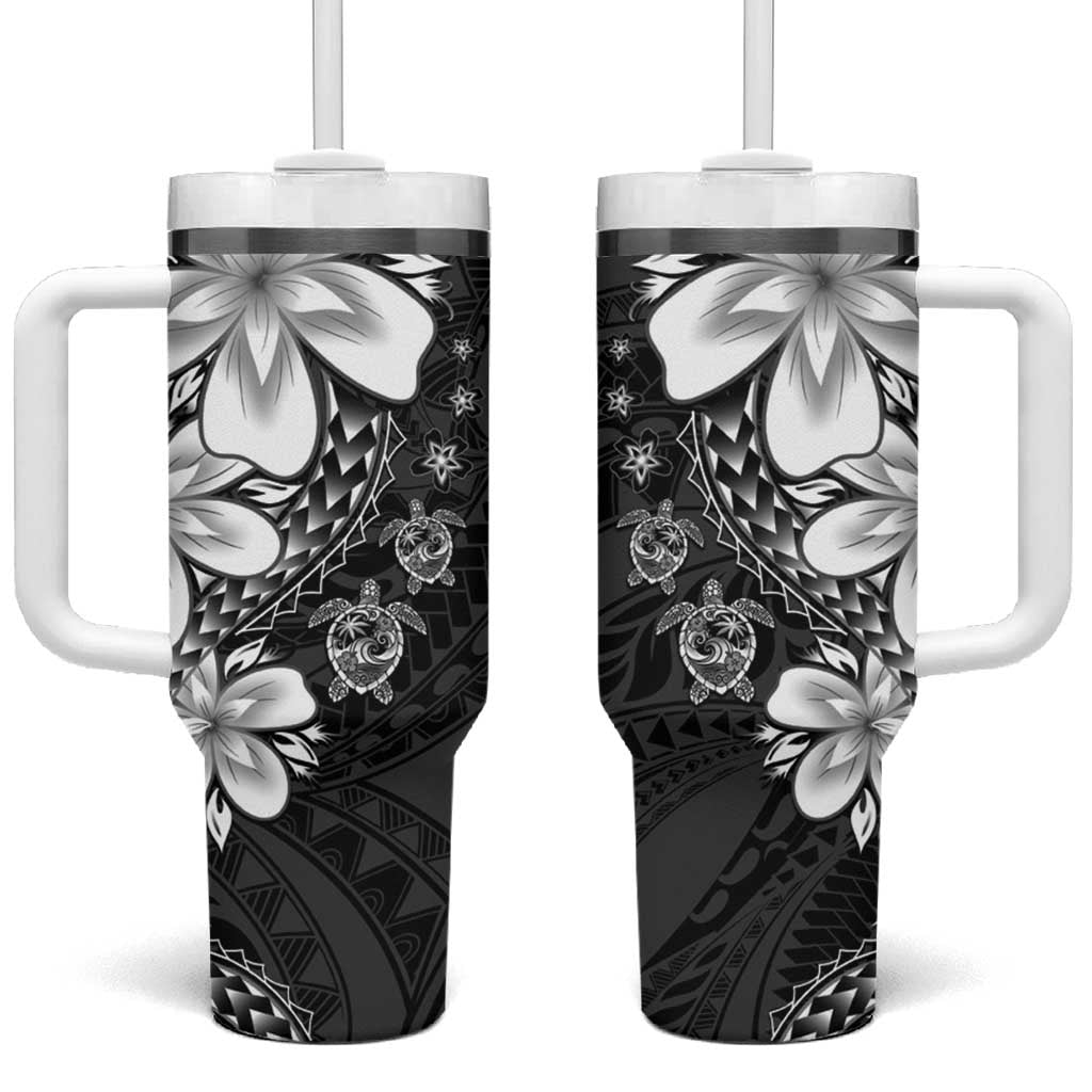 Polynesia Romantic Valentine Tumbler With Handle Sea Turtle Couple With Black Plumeria