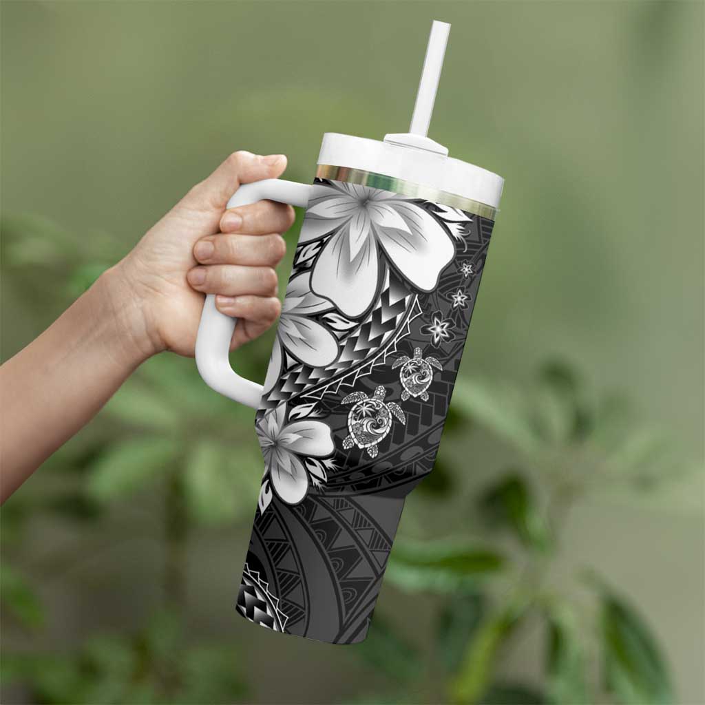 Polynesia Romantic Valentine Tumbler With Handle Sea Turtle Couple With Black Plumeria