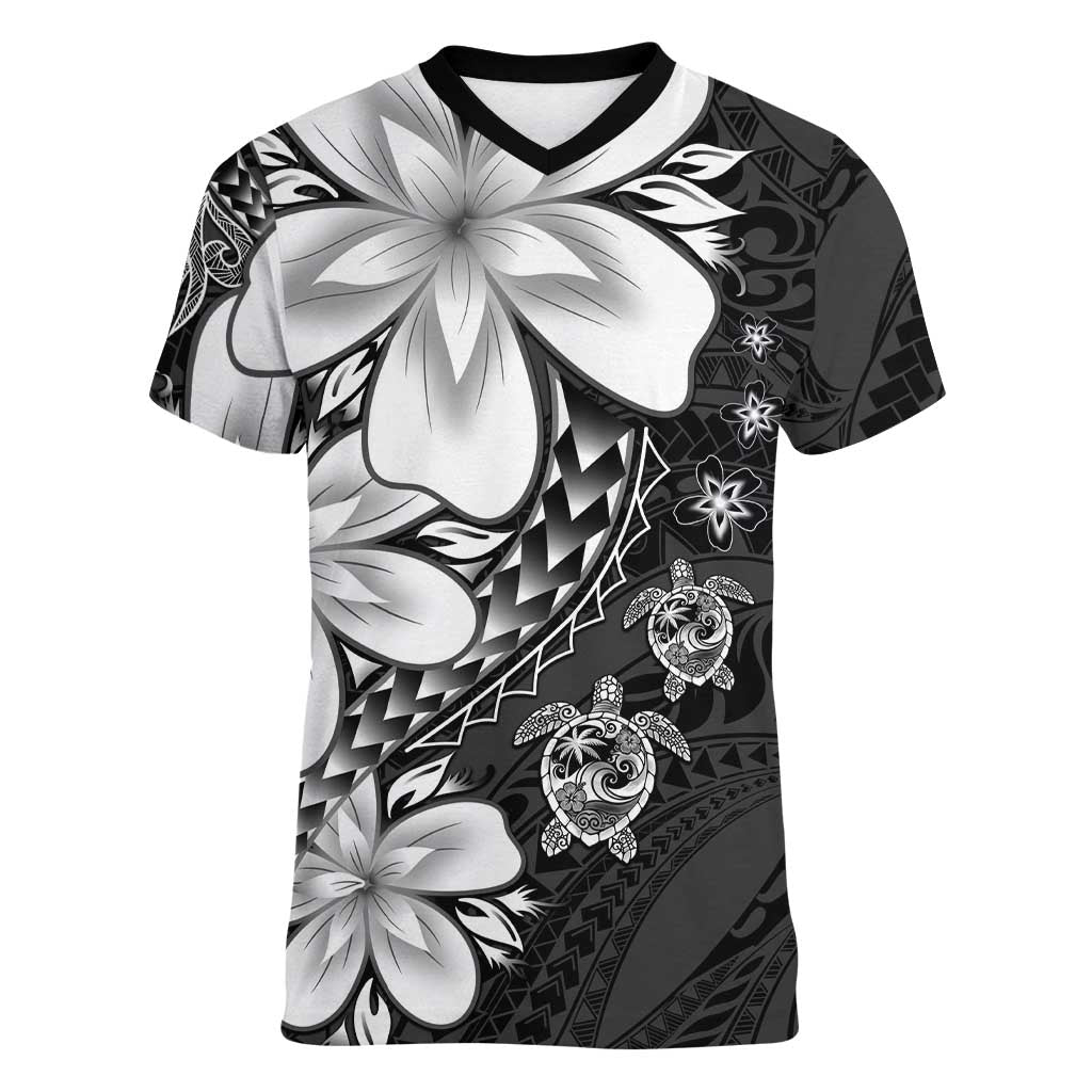 Polynesia Romantic Valentine Women V-Neck T-Shirt Sea Turtle Couple With Black Plumeria