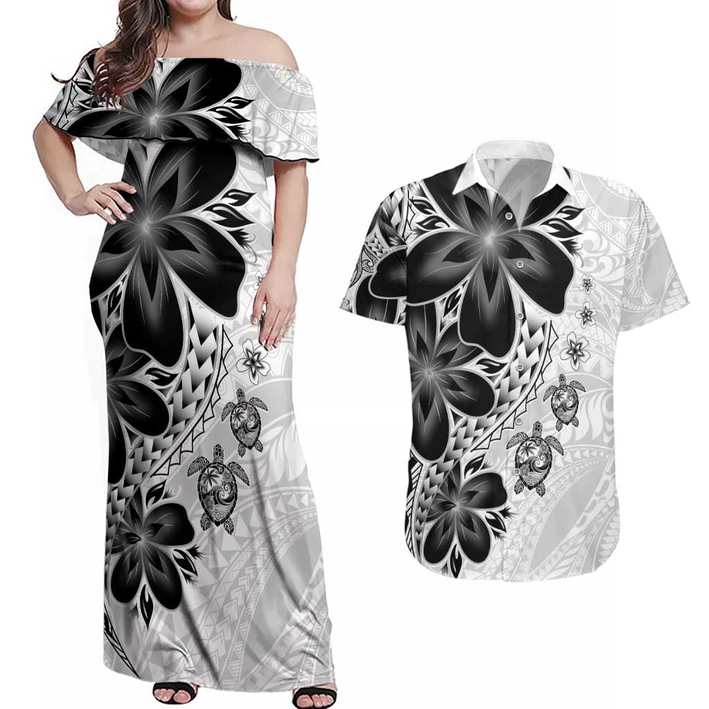 Polynesia Romantic Valentine Couples Matching Off Shoulder Maxi Dress and Hawaiian Shirt Sea Turtle Couple With White Plumeria LT05 White - Polynesian Pride