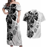 Polynesia Romantic Valentine Couples Matching Off Shoulder Maxi Dress and Hawaiian Shirt Sea Turtle Couple With White Plumeria LT05 White - Polynesian Pride