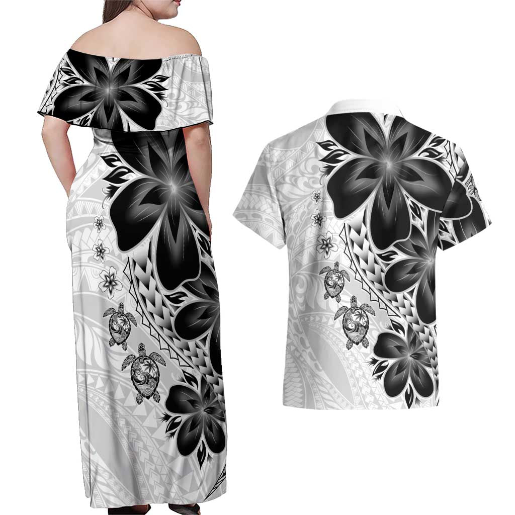 Polynesia Romantic Valentine Couples Matching Off Shoulder Maxi Dress and Hawaiian Shirt Sea Turtle Couple With White Plumeria LT05 - Polynesian Pride