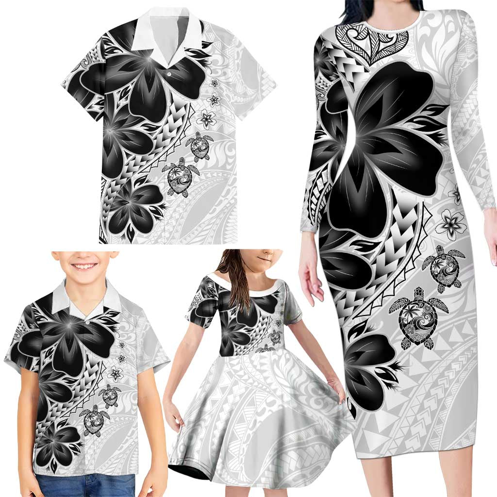 Polynesia Romantic Valentine Family Matching Long Sleeve Bodycon Dress and Hawaiian Shirt Sea Turtle Couple With White Plumeria