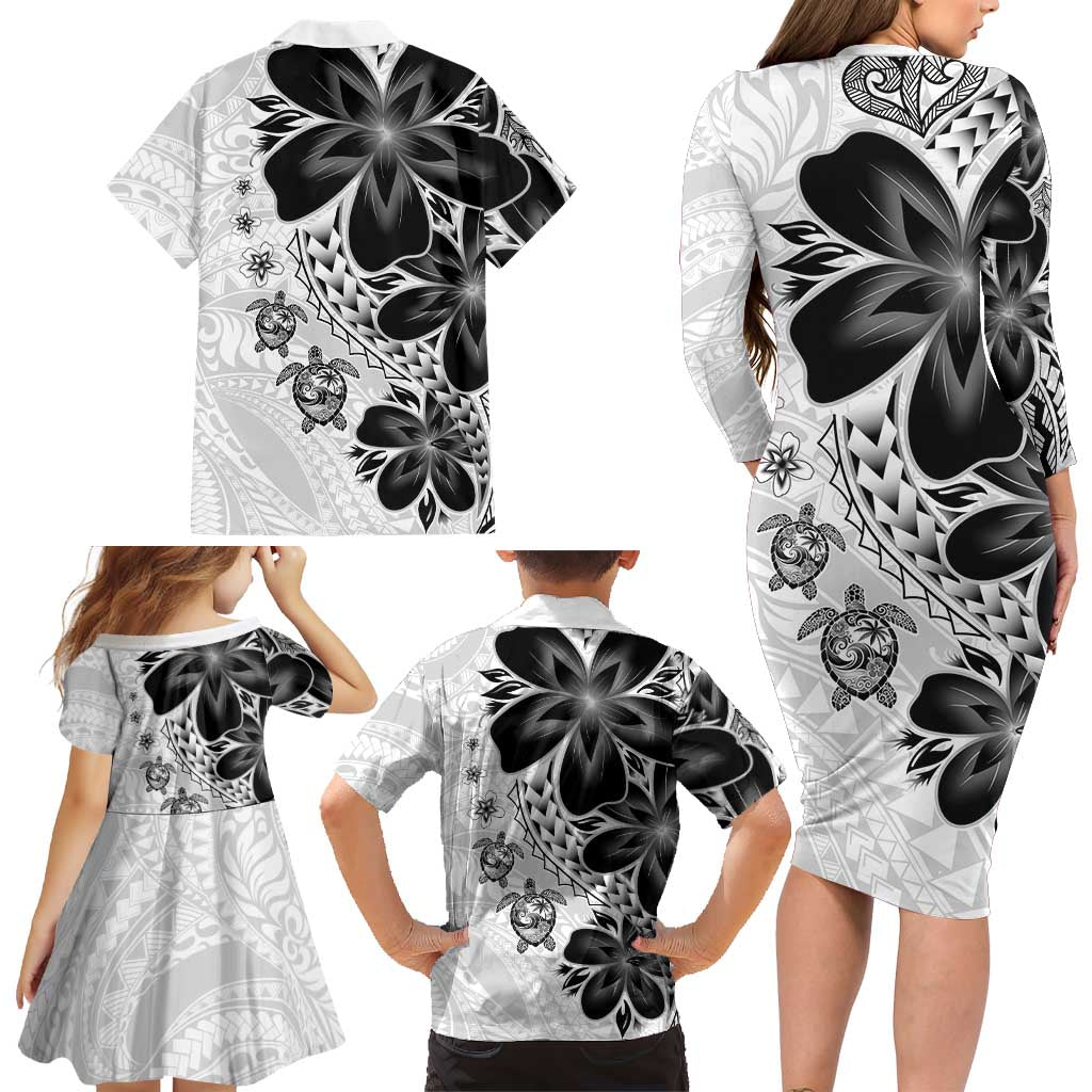 Polynesia Romantic Valentine Family Matching Long Sleeve Bodycon Dress and Hawaiian Shirt Sea Turtle Couple With White Plumeria