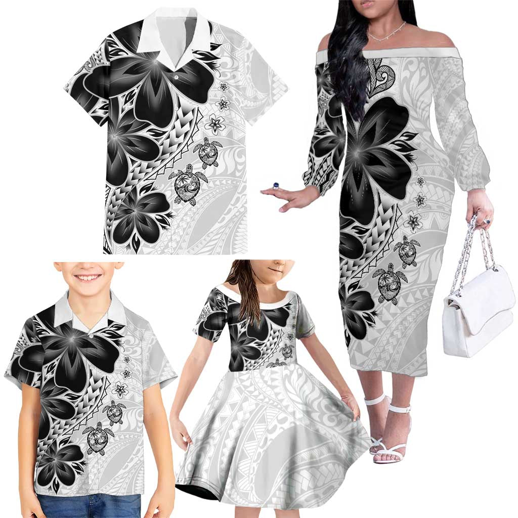 Polynesia Romantic Valentine Family Matching Off The Shoulder Long Sleeve Dress and Hawaiian Shirt Sea Turtle Couple With White Plumeria